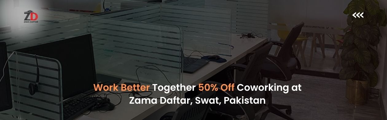 Zama Daftar coworking space banner with 50% off promotion in Swat for freelancers, startups, and remote workers.