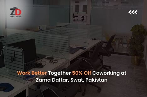 Zama Daftar coworking space banner with 50% off promotion in Swat for freelancers, startups, and remote workers.