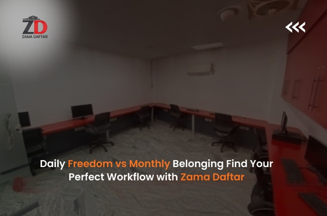 Coworking space at Zama Daftar showcasing daily and monthly membership options.