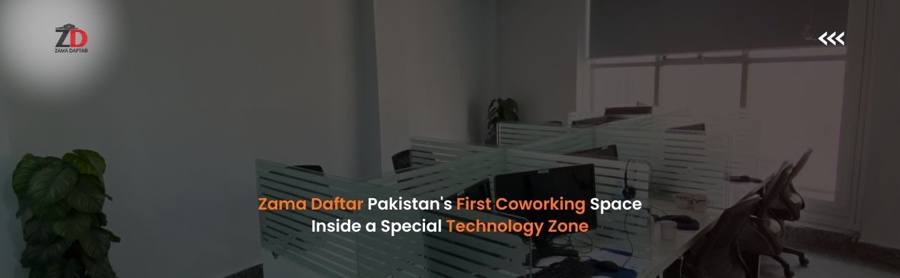 Modern coworking space at Zama Daftar with shared desks and a clean, productive work environment in Pakistan’s Special Technology Zone