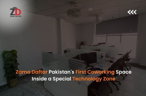 Modern coworking space at Zama Daftar with shared desks and a clean, productive work environment in Pakistan’s Special Technology Zone