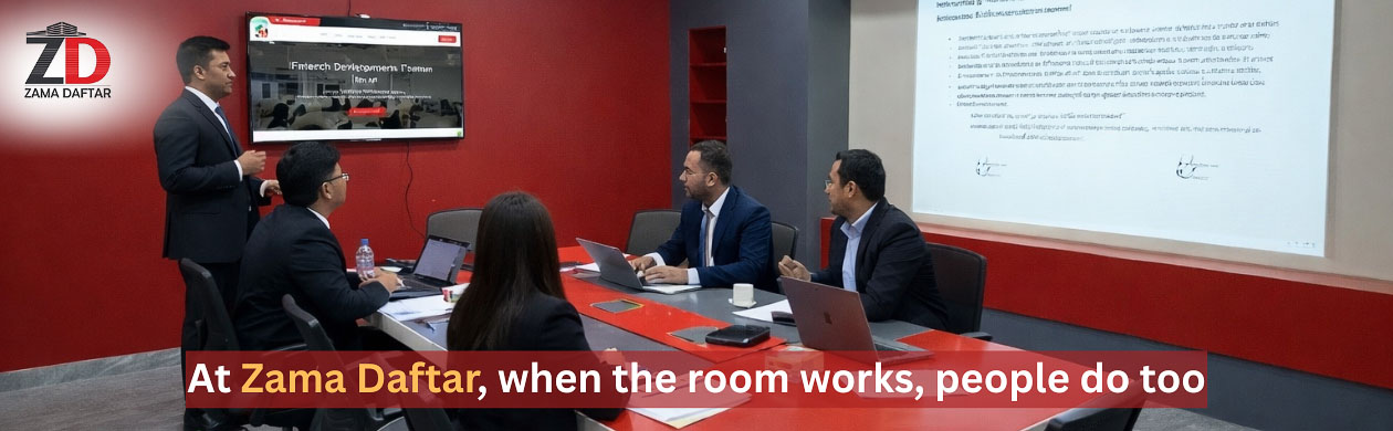 Professional business meeting in a modern coworking meeting room at Zama Daftar, Pakistan