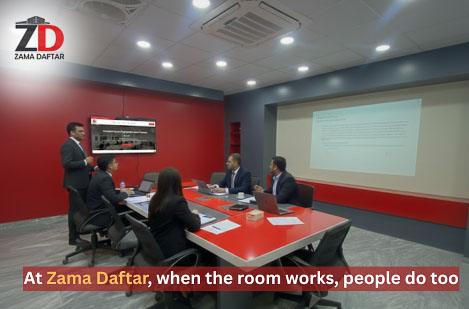 Professional business meeting in a modern coworking meeting room at Zama Daftar, Pakistan