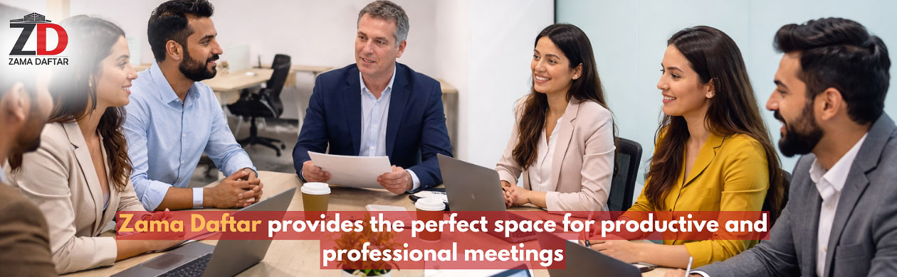 Team holding a productive business meeting in a smart conference room at Zama Daftar coworking space