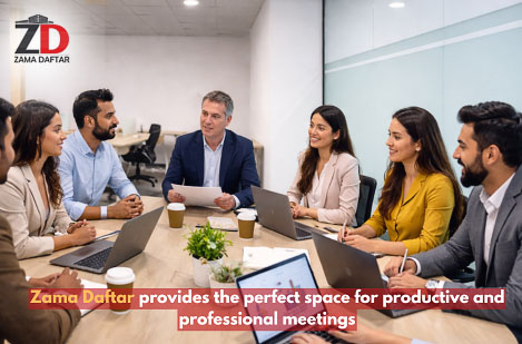 Team holding a productive business meeting in a smart conference room at Zama Daftar coworking space