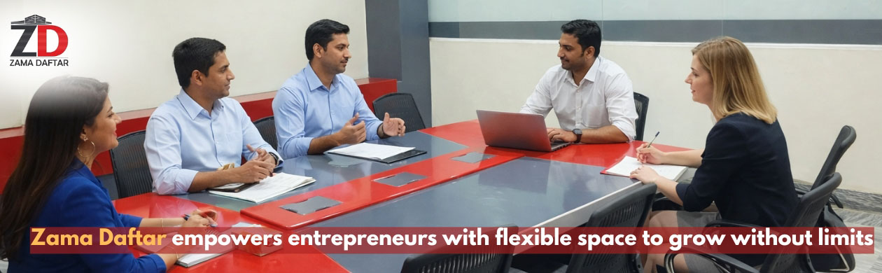 Entrepreneurs discussing business strategy in a professional meeting room at Zama Daftar flexible workspace in Pakistan