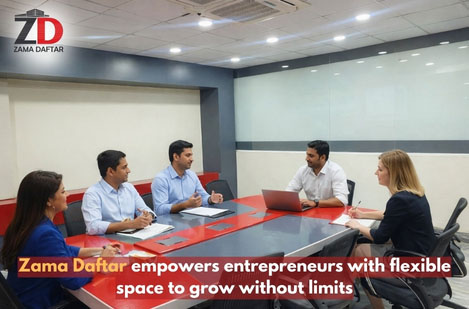Entrepreneurs discussing business strategy in a professional meeting room at Zama Daftar flexible workspace in Pakistan