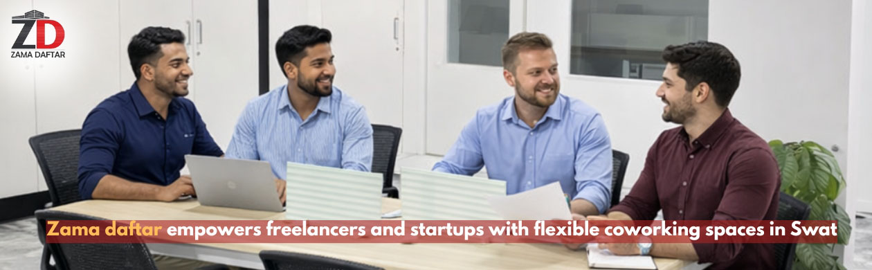 Freelancers and startup teams working inside a modern coworking space in Swat with desks, fast internet, and professional meeting area