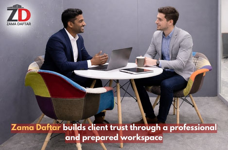 Professional workspace client meeting at Zama Daftar coworking space