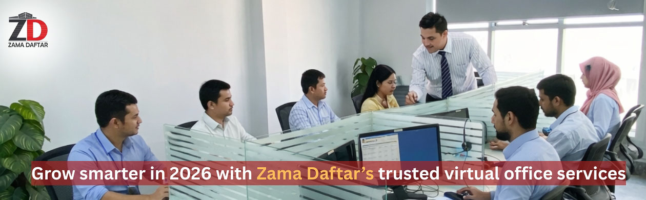 Team collaborating in a modern virtual office environment at Zama Daftar, showcasing professional workspace solutions for growing businesses in Pakistan.