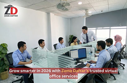 Team collaborating in a modern virtual office environment at Zama Daftar, showcasing professional workspace solutions for growing businesses in Pakistan.