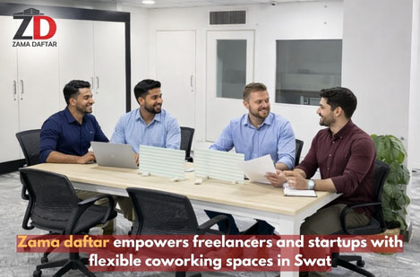 Freelancers and startup teams working inside a modern coworking space in Swat with desks, fast internet, and professional meeting area