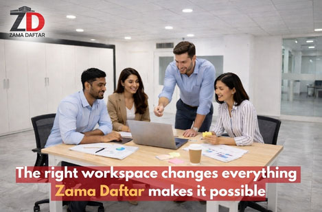 Remote professionals collaborating in a modern coworking space at Zama Daftar, highlighting productivity and teamwork