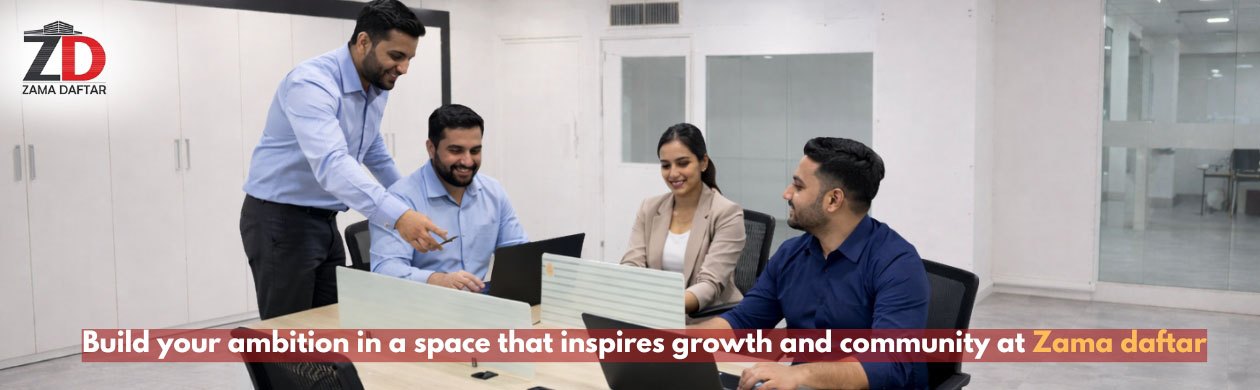 Modern coworking space with professionals working on laptops in a clean and collaborative shared office environment