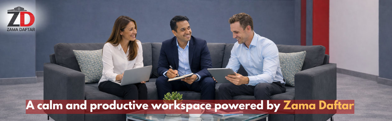 Professionals collaborating in a modern coworking space while discussing business ideas in a calm and productive workspace