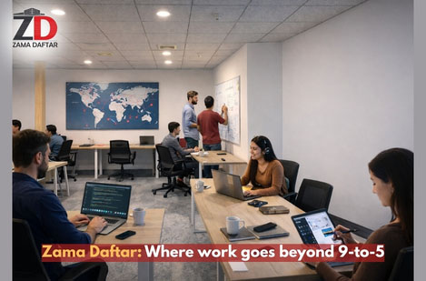 Professionals collaborating in a modern coworking space representing the shift to a flexible 24/7 work culture