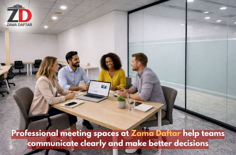 Team discussing ideas in a professional meeting space at Zama Daftar