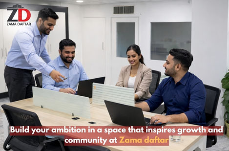 Modern coworking space with professionals working on laptops in a clean and collaborative shared office environment