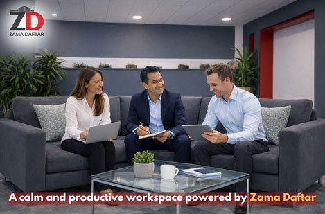 Professionals collaborating in a modern coworking space while discussing business ideas in a calm and productive workspace
